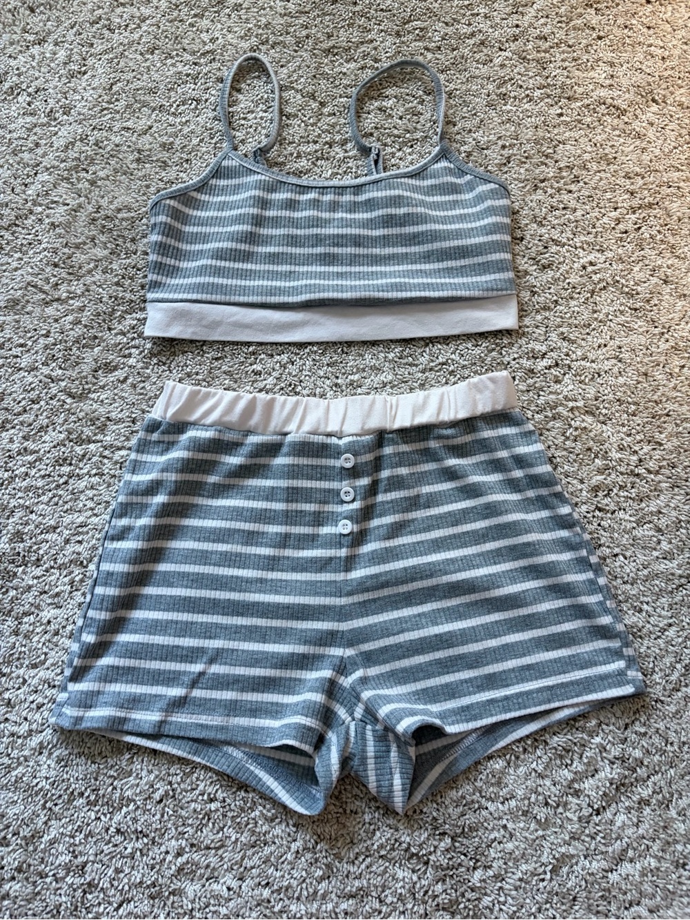 Striped Ribbed Bralette & Shorts Sleep Set - Gray/White
